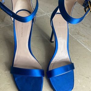 Satin royal blue, ankle strap rectangular high heel